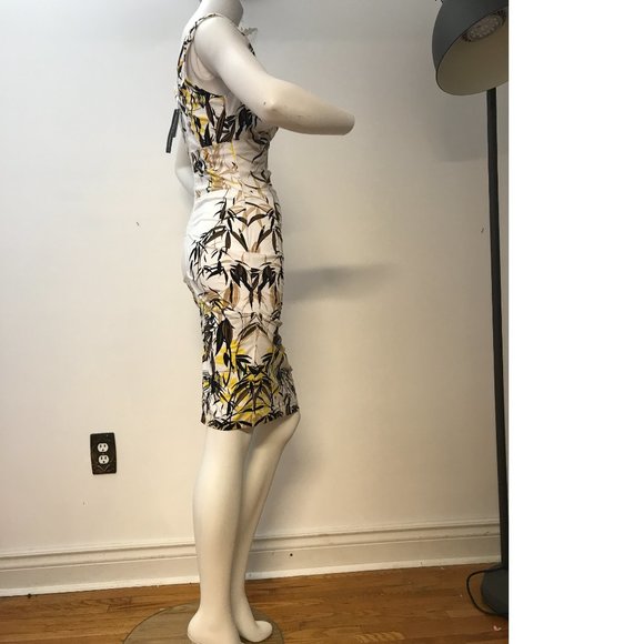 Le Chateau Formal Cocktail White Black Yellow Floral Bodycon Cotton Summer Dress - Picture 4 of 6